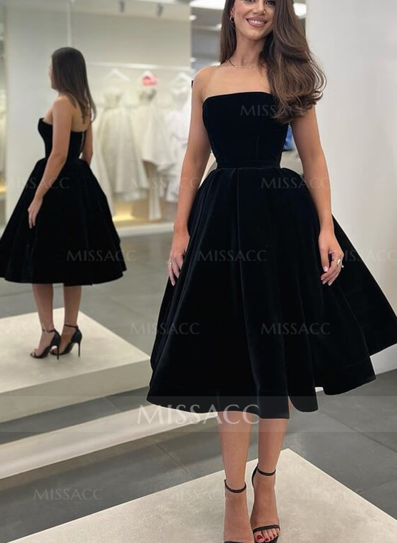 Strapless Velvet A-Line Black Cocktail Dresses