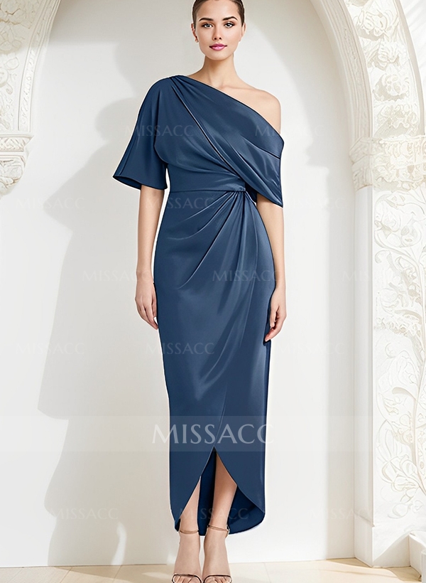 Sheath/Column Asymmetrical Neck Satin Cocktail Dresses With Ruffle