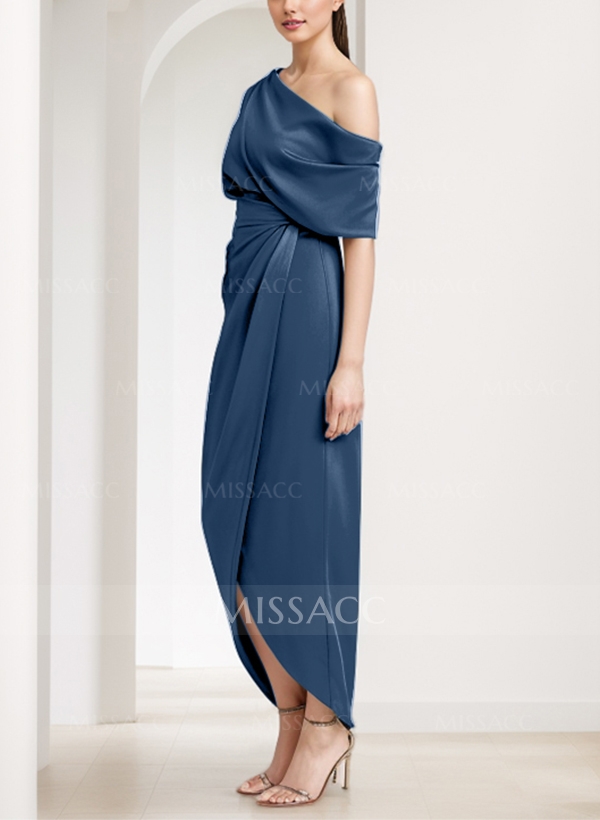 Sheath/Column Asymmetrical Neck Satin Cocktail Dresses With Ruffle