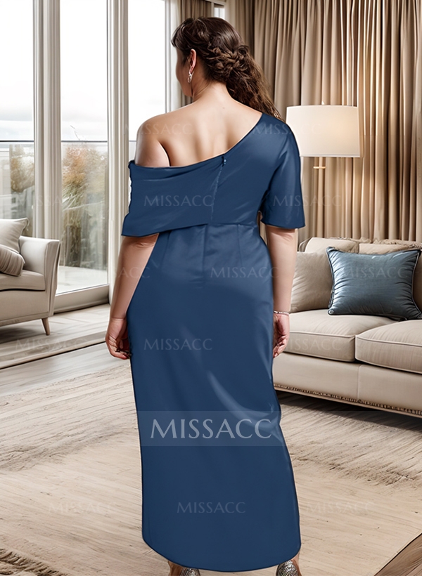 Sheath/Column Asymmetrical Neck Satin Cocktail Dresses With Ruffle