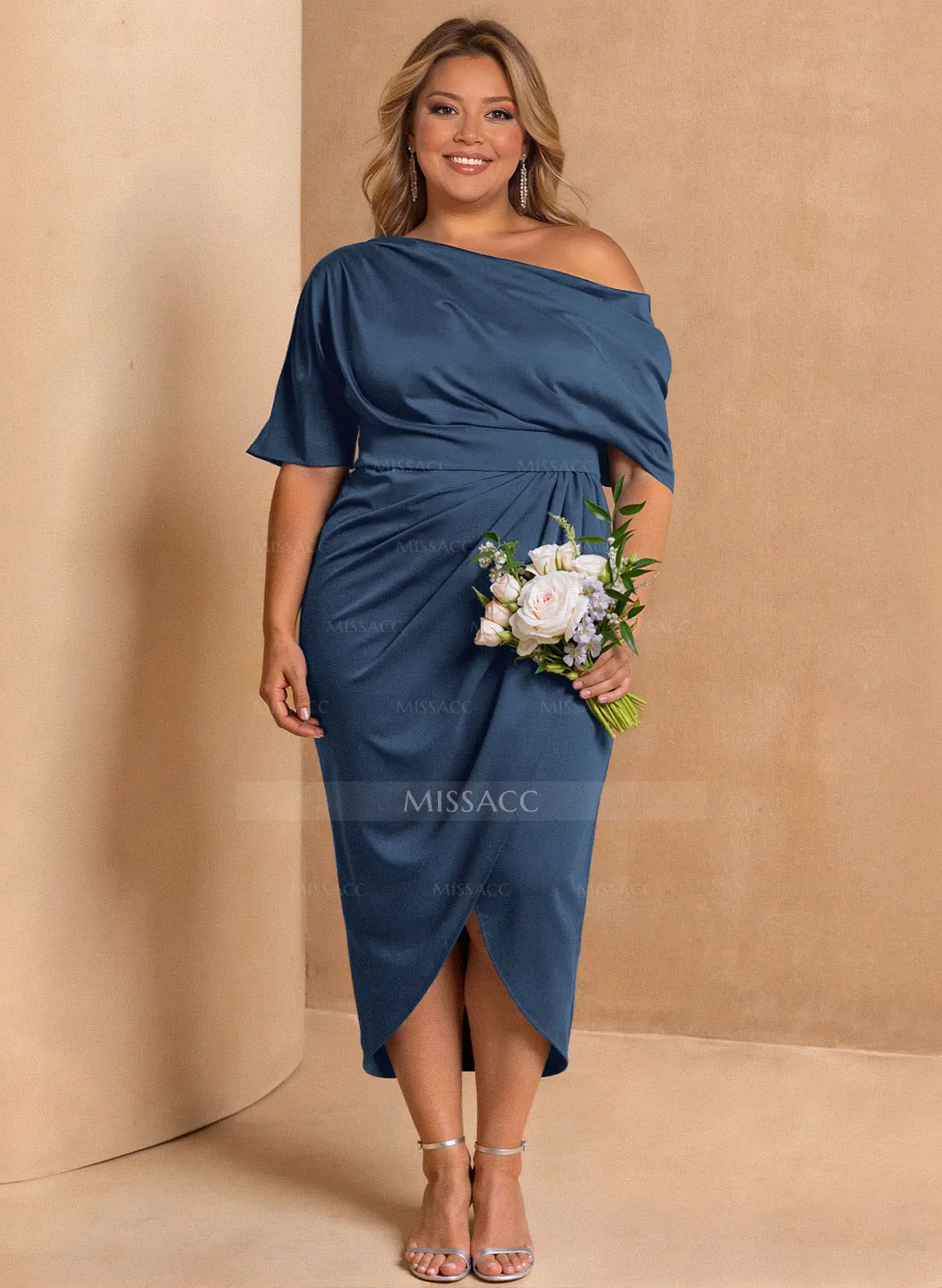 Sheath/Column Asymmetrical Neck Satin Cocktail Dresses With Ruffle #SCD10164  $89