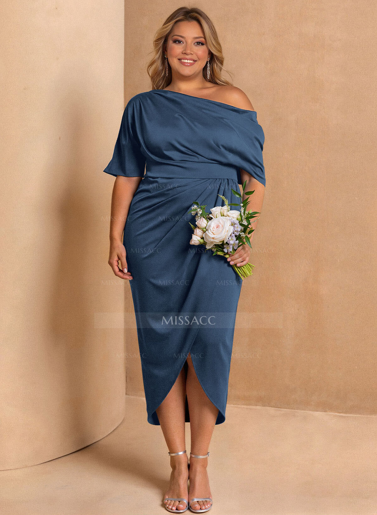 Sheath/Column Asymmetrical Neck Satin Cocktail Dresses With Ruffle