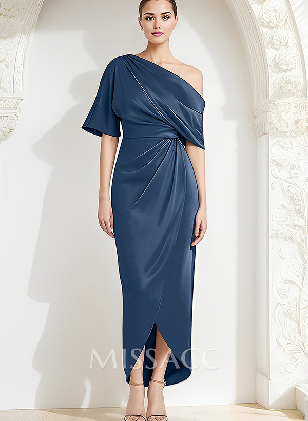 Sheath/Column Asymmetrical Neck Satin Cocktail Dresses With Ruffle Sheath/Column Asymmetrical Neck Satin Cocktail Dresses With Ruffle