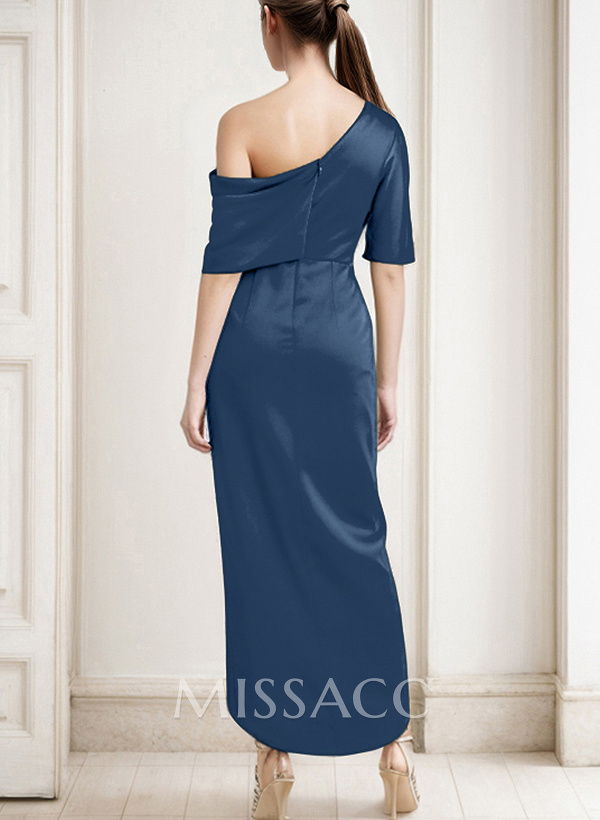 Sheath/Column Asymmetrical Neck Satin Cocktail Dresses With Ruffle Sheath/Column Asymmetrical Neck Satin Cocktail Dresses With Ruffle