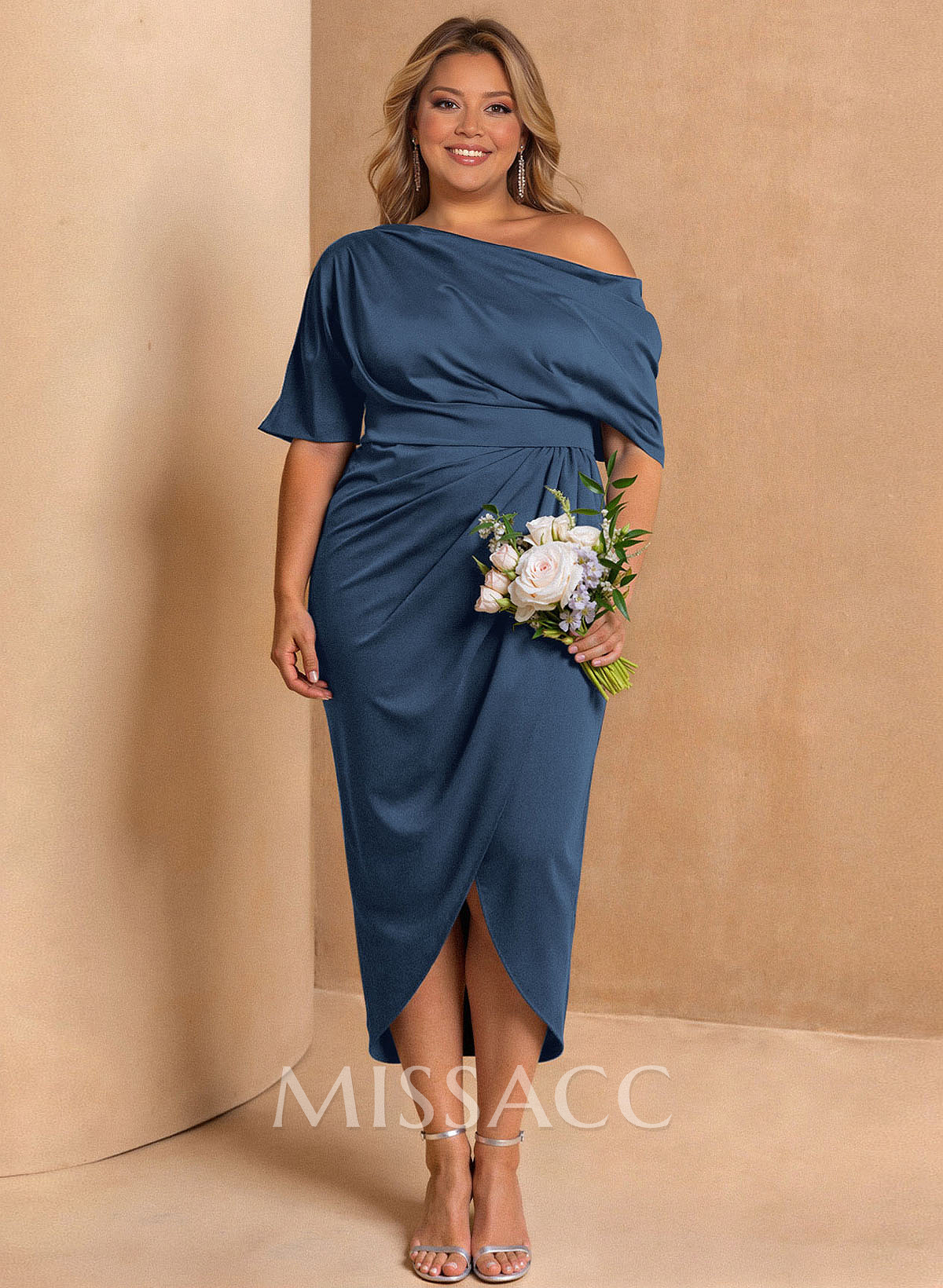 Sheath/Column Asymmetrical Neck Satin Cocktail Dresses With Ruffle Sheath/Column Asymmetrical Neck Satin Cocktail Dresses With Ruffle