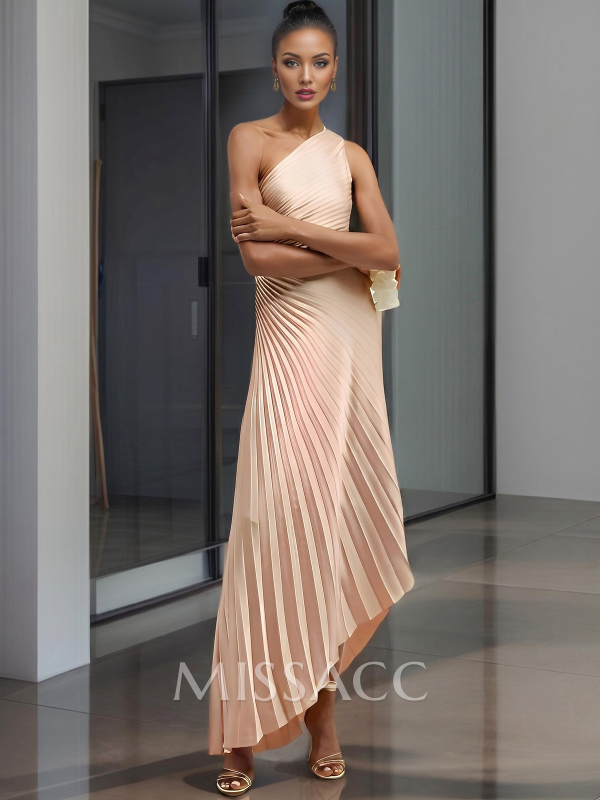 One-Shoulder Sleeveless Asymmetrical Cocktail Dresses With Pleated