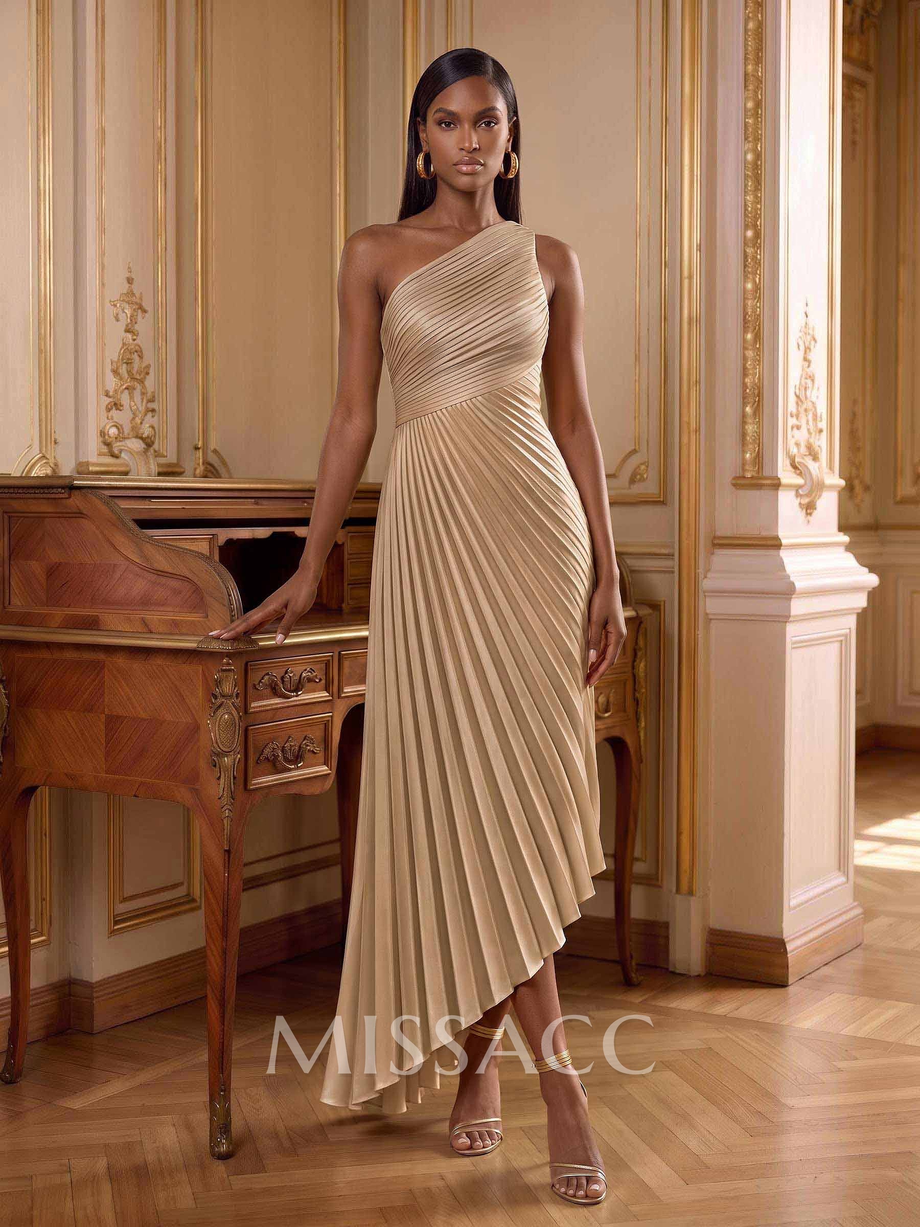 One-Shoulder Sleeveless Asymmetrical Cocktail Dresses With Pleated