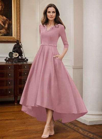 V-Neck 3/4 Sleeves Asymmetrical Satin Cocktail Dresses With Beading