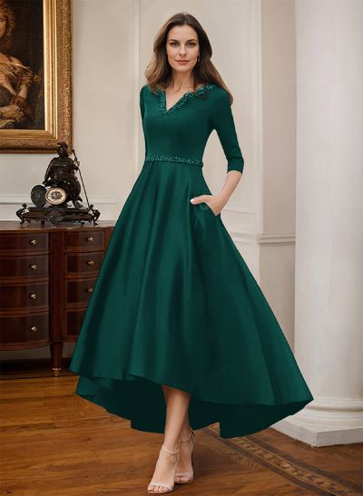 V-Neck 3/4 Sleeves Asymmetrical Satin Cocktail Dresses With Beading