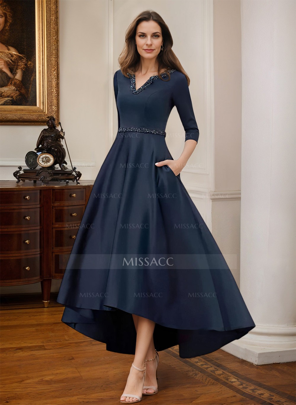 V-Neck 3/4 Sleeves Asymmetrical Satin Cocktail Dresses With Beading