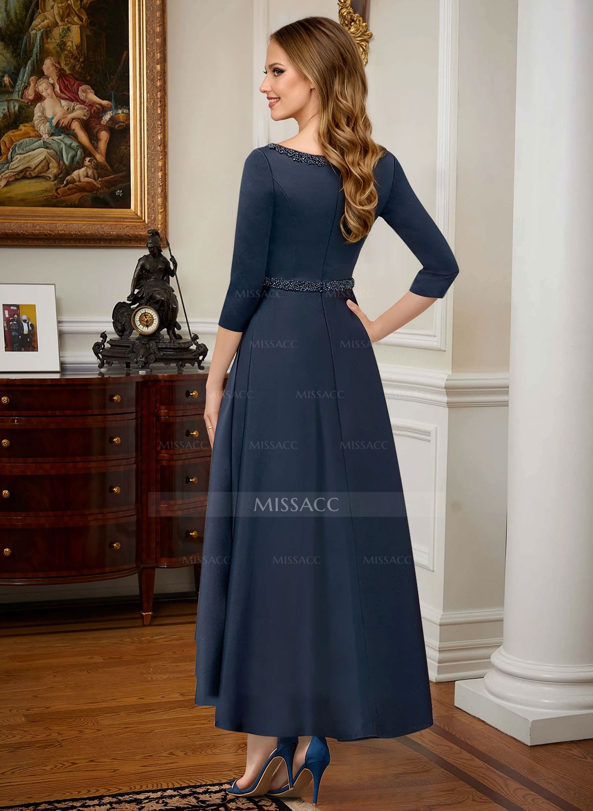 V-Neck 3/4 Sleeves Asymmetrical Satin Cocktail Dresses With Beading