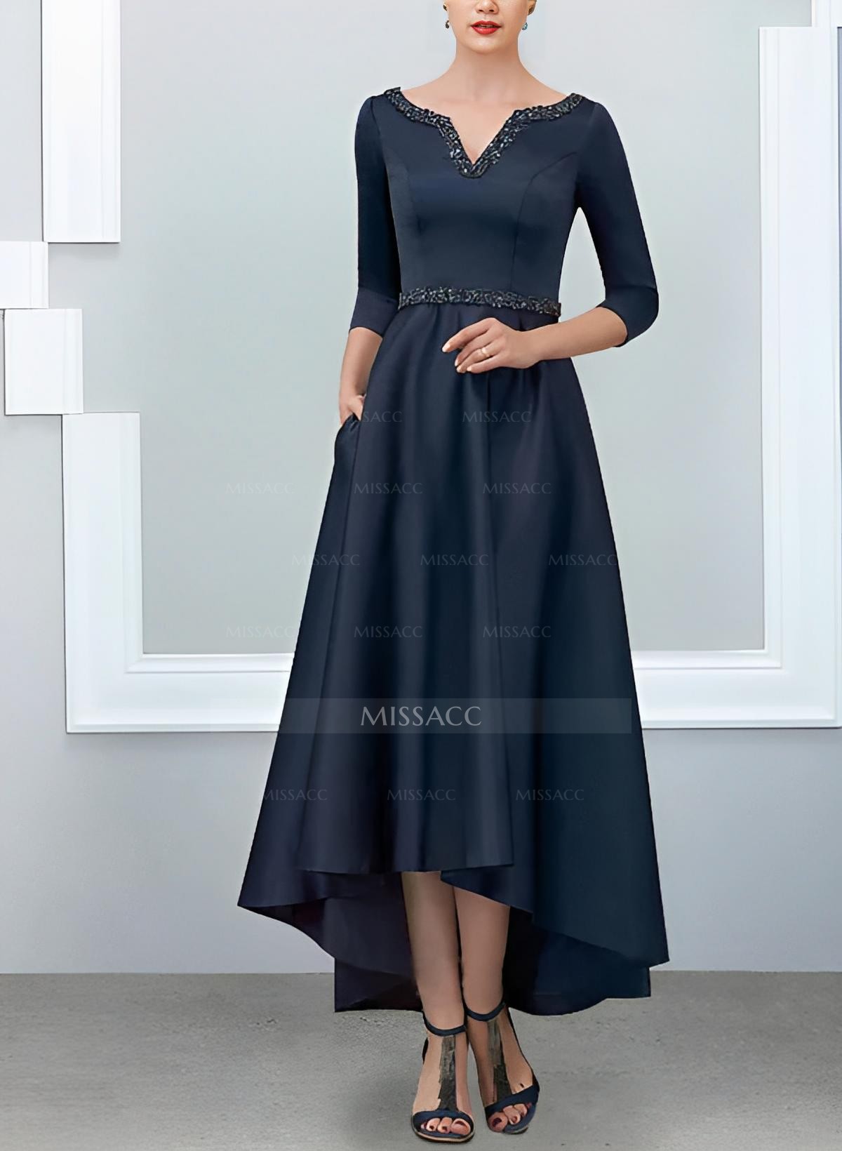 V-Neck 3/4 Sleeves Asymmetrical Satin Cocktail Dresses With Beading