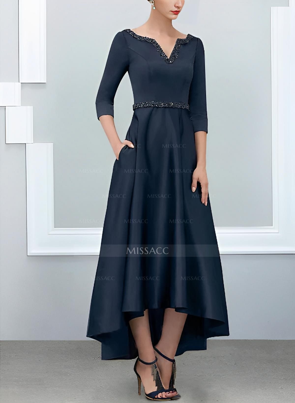 V-Neck 3/4 Sleeves Asymmetrical Satin Cocktail Dresses With Beading