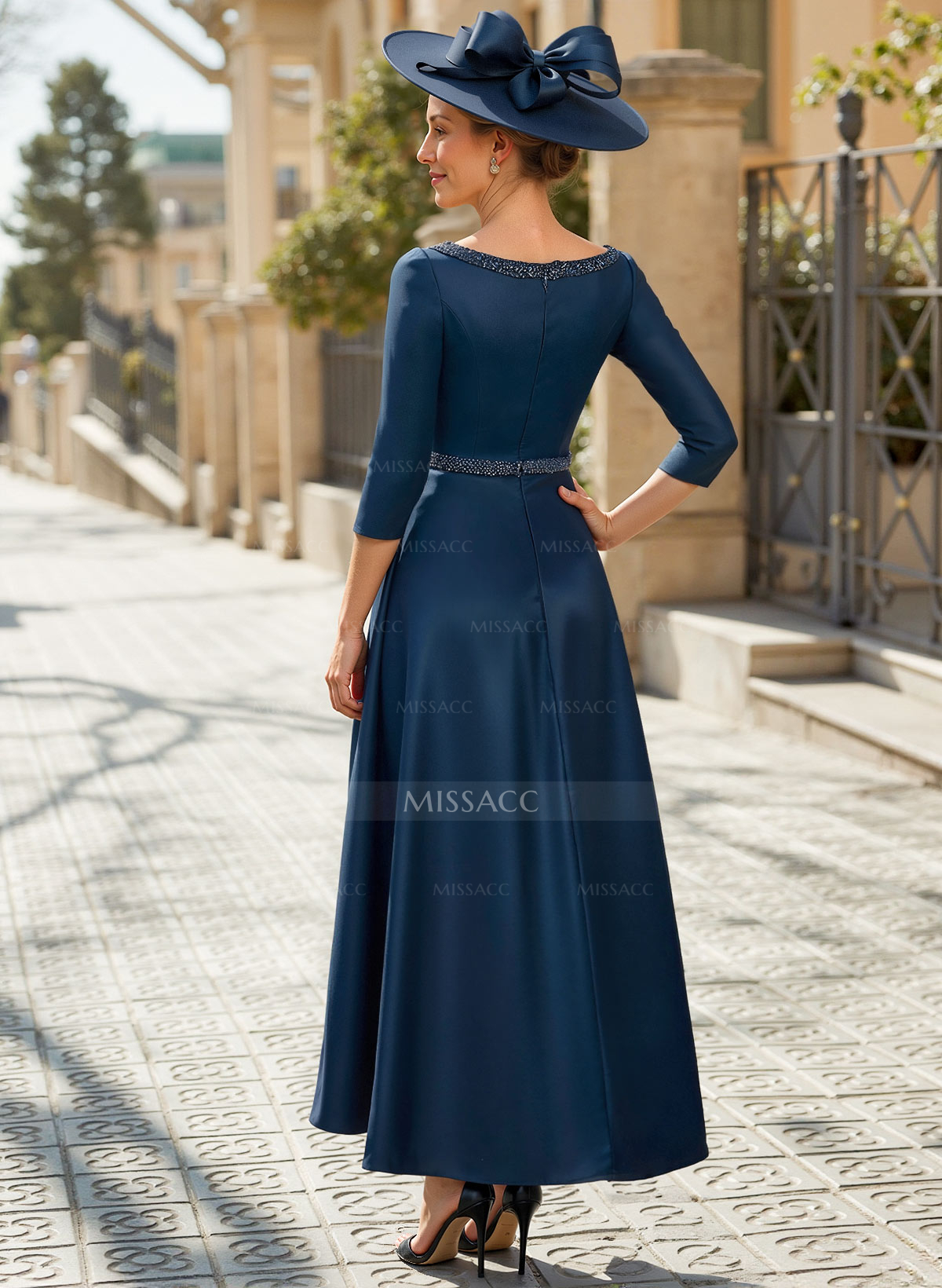 V-Neck 3/4 Sleeves Asymmetrical Satin Cocktail Dresses With Beading