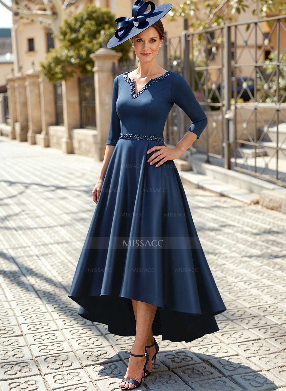 V-Neck 3/4 Sleeves Asymmetrical Satin Cocktail Dresses With Beading