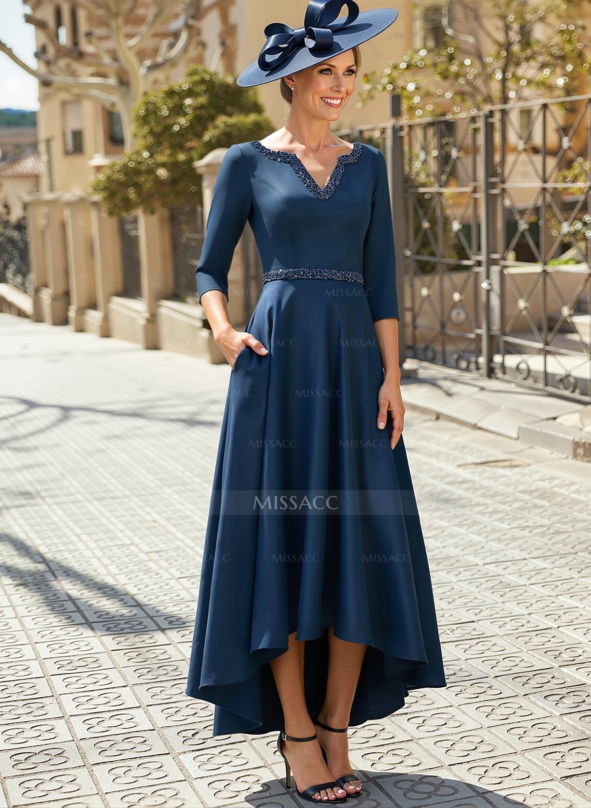 V-Neck 3/4 Sleeves Asymmetrical Satin Cocktail Dresses With Beading
