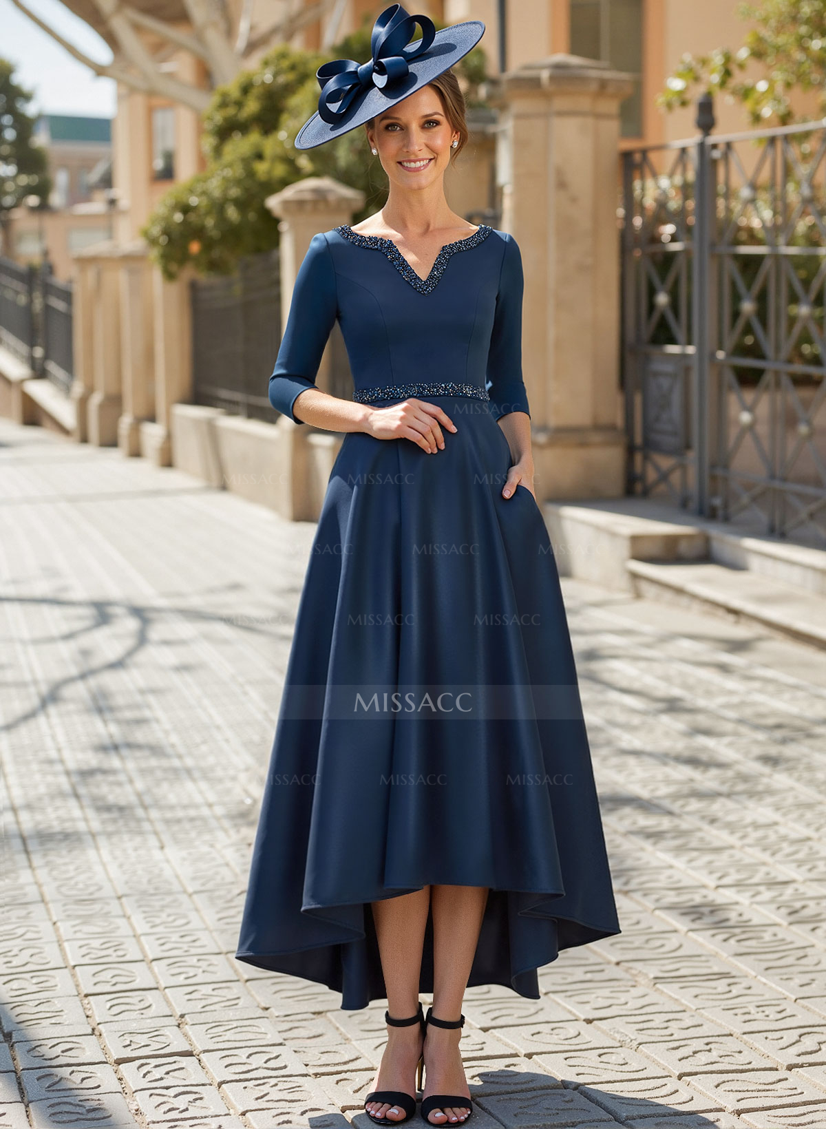 V-Neck 3/4 Sleeves Asymmetrical Satin Cocktail Dresses With Beading