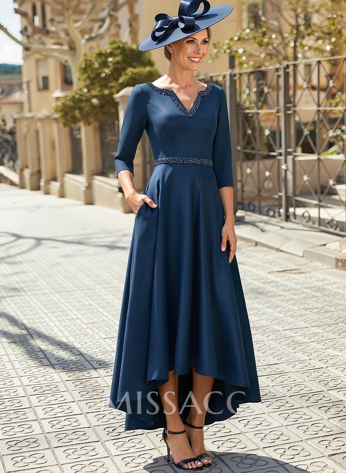 V-Neck 3/4 Sleeves Asymmetrical Satin Cocktail Dresses With Beading V-Neck 3/4 Sleeves Asymmetrical Satin Cocktail Dresses With Beading