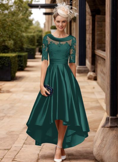 A-Line 1/2 Sleeves Asymmetrical Lace/Satin Cocktail Dresses With Appliques Lace