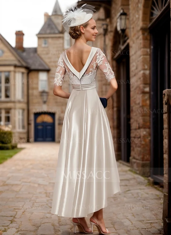 A-Line 1/2 Sleeves Asymmetrical Lace/Satin Cocktail Dresses With Appliques  Lace - Missacc France