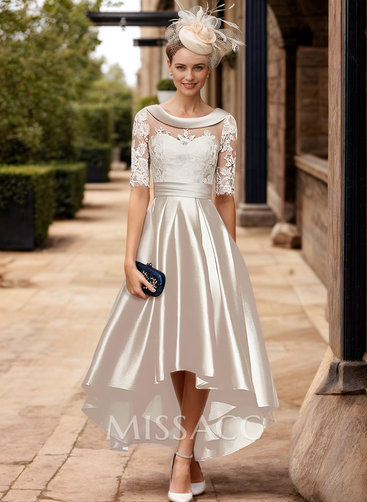 A-Line 1/2 Sleeves Asymmetrical Lace/Satin Cocktail Dresses With Appliques Lace A-Line 1/2 Sleeves Asymmetrical Lace/Satin Cocktail Dresses With Appliques Lace