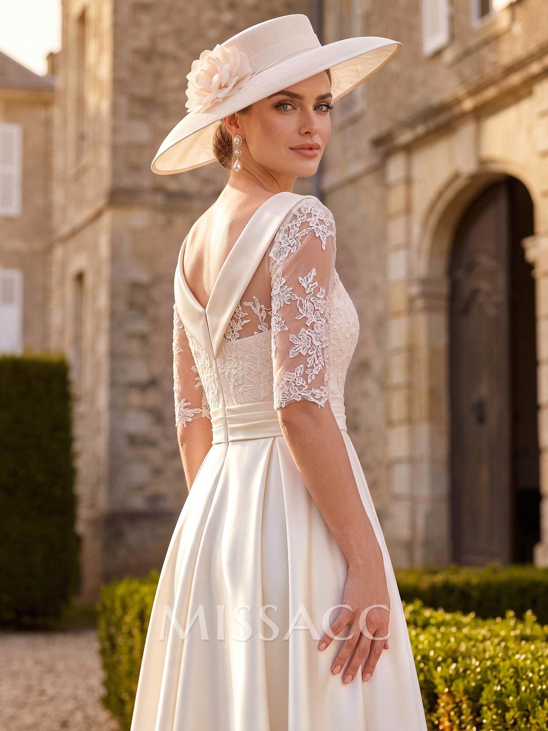 A-Line 1/2 Sleeves Asymmetrical Lace/Satin Cocktail Dresses With Appliques Lace A-Line 1/2 Sleeves Asymmetrical Lace/Satin Cocktail Dresses With Appliques Lace