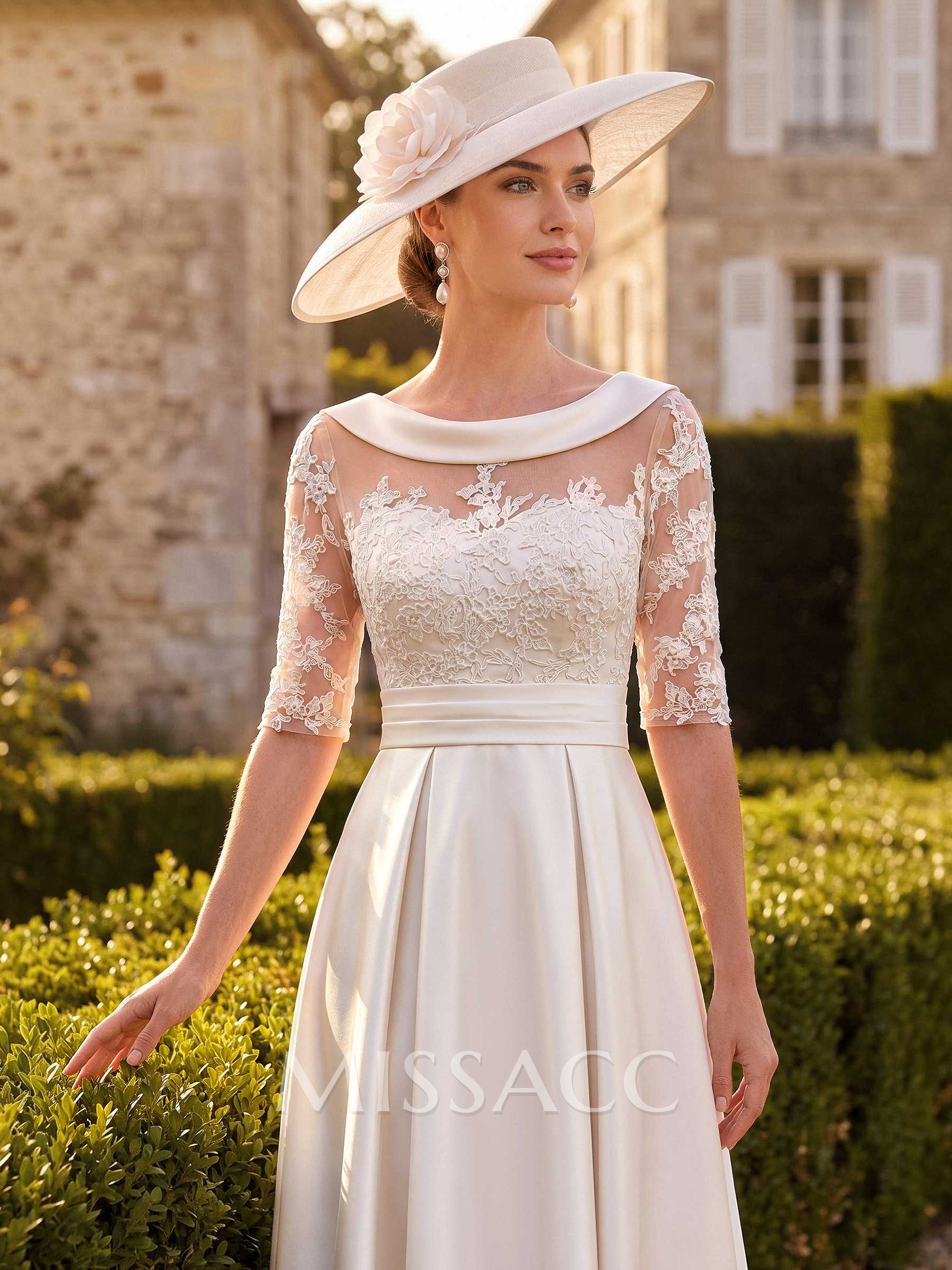 A-Line 1/2 Sleeves Asymmetrical Lace/Satin Cocktail Dresses With Appliques Lace A-Line 1/2 Sleeves Asymmetrical Lace/Satin Cocktail Dresses With Appliques Lace