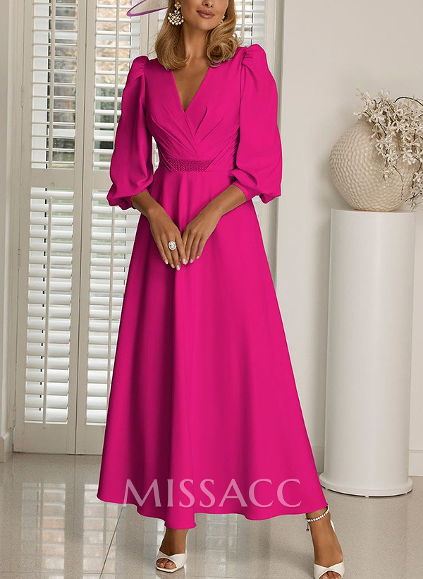 A-Line V-Neck 3/4 Sleeves Ankle-Length Cocktail Dresses With Beading A-Line V-Neck 3/4 Sleeves Ankle-Length Cocktail Dresses With Beading