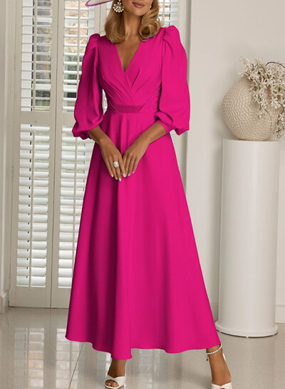 A-Line V-Neck 3/4 Sleeves Ankle-Length Cocktail Dresses With Beading