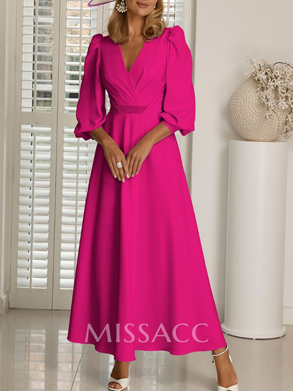 A-Line V-Neck 3/4 Sleeves Ankle-Length Cocktail Dresses With Beading A-Line V-Neck 3/4 Sleeves Ankle-Length Cocktail Dresses With Beading