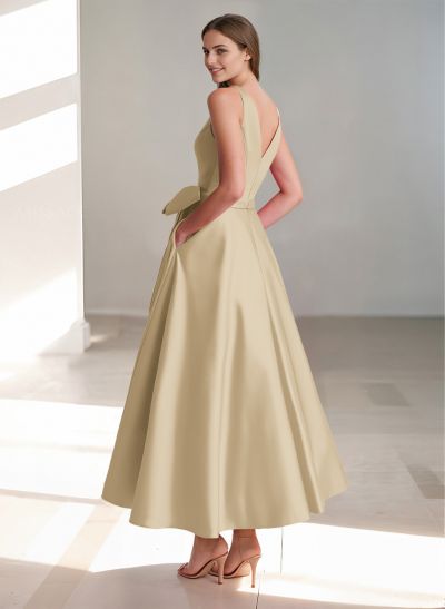 A-Line V-Neck Sleeveless Ankle-Length Satin Cocktail Dresses With Bow(s)/Pockets