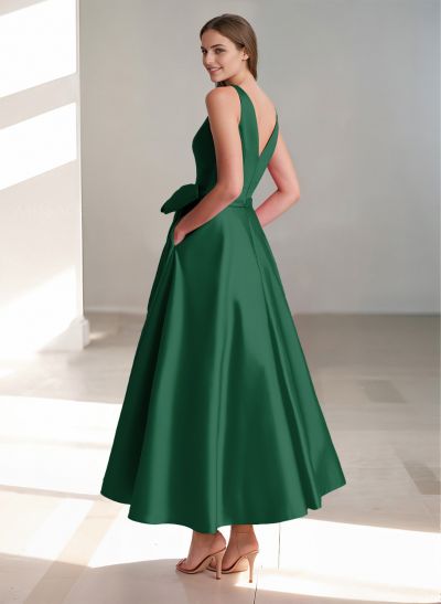 A-Line V-Neck Sleeveless Ankle-Length Satin Cocktail Dresses With Bow(s)/Pockets