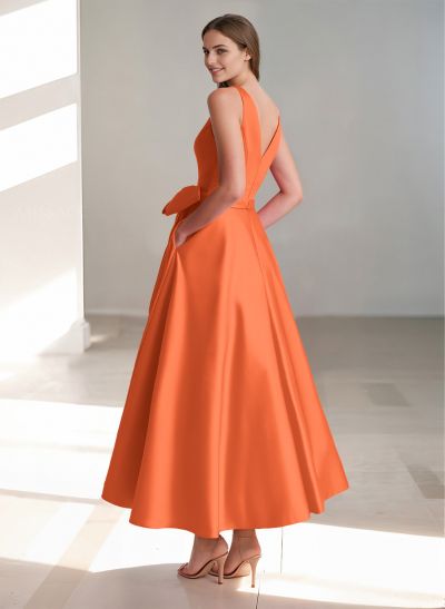 A-Line V-Neck Sleeveless Ankle-Length Satin Cocktail Dresses With Bow(s)/Pockets