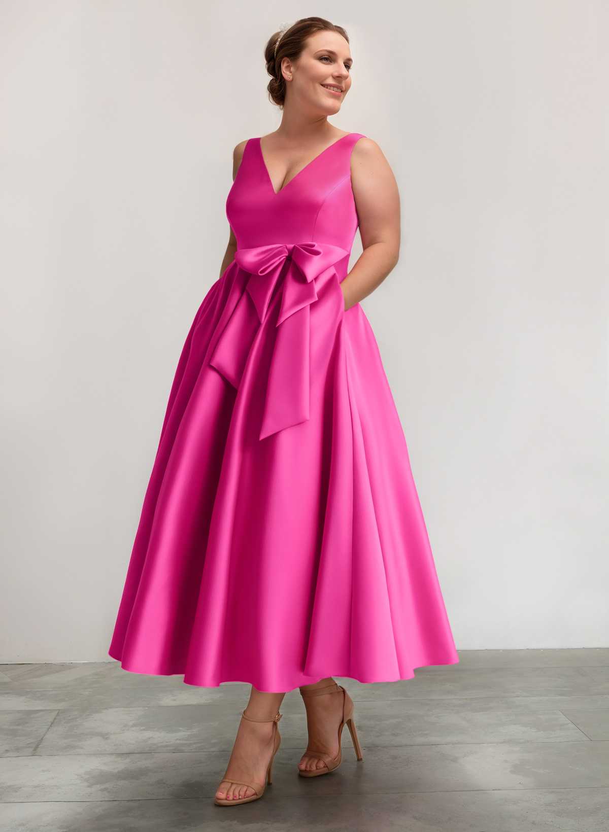 A-Line V-Neck Sleeveless Ankle-Length Satin Cocktail Dresses With Bow(s)/Pockets