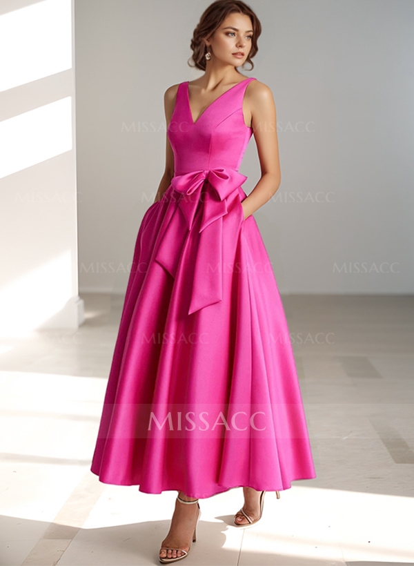 A-Line V-Neck Sleeveless Ankle-Length Satin Cocktail Dresses With Bow(s)/Pockets