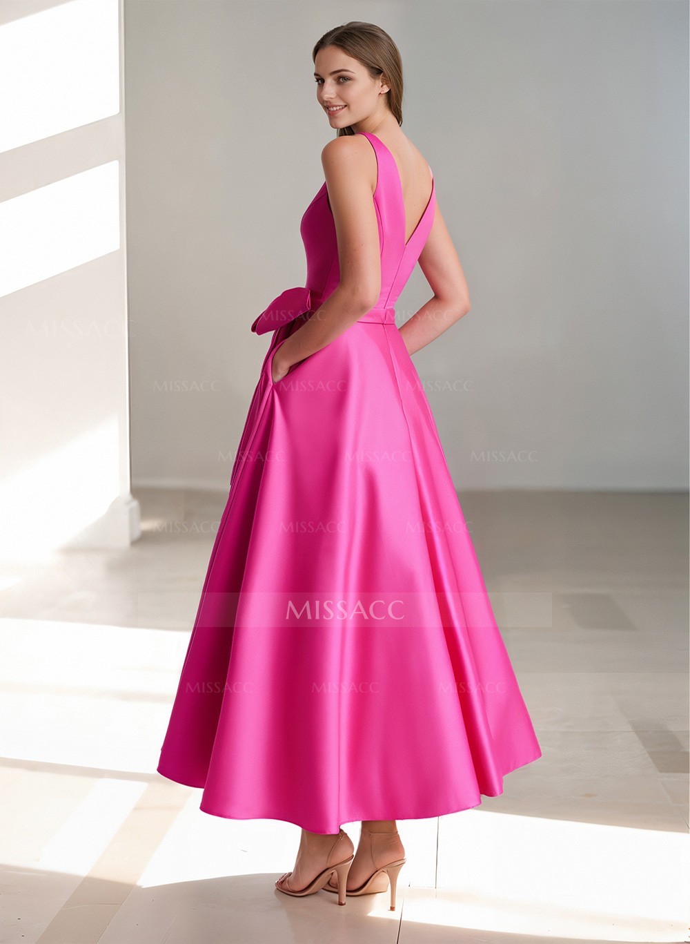 A-Line V-Neck Sleeveless Ankle-Length Satin Cocktail Dresses With Bow(s)/Pockets