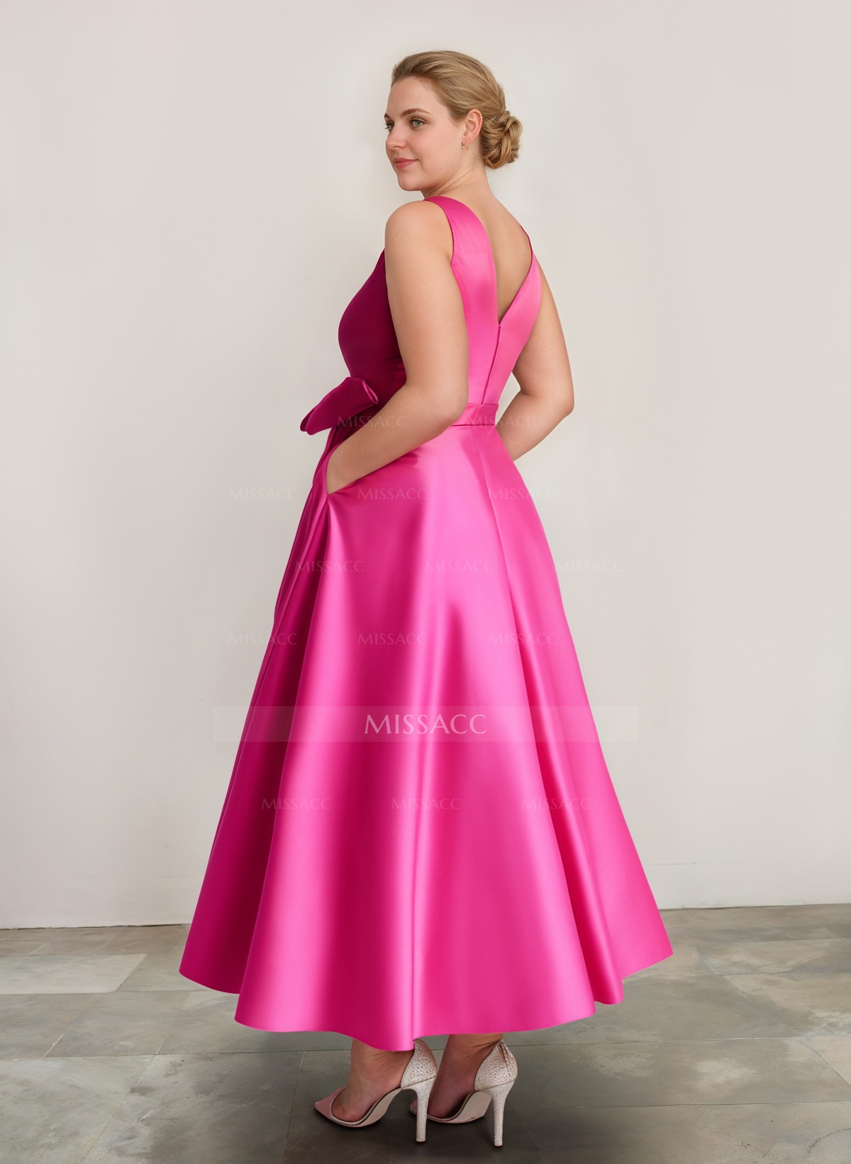 A-Line V-Neck Sleeveless Ankle-Length Satin Cocktail Dresses With Bow(s)/Pockets