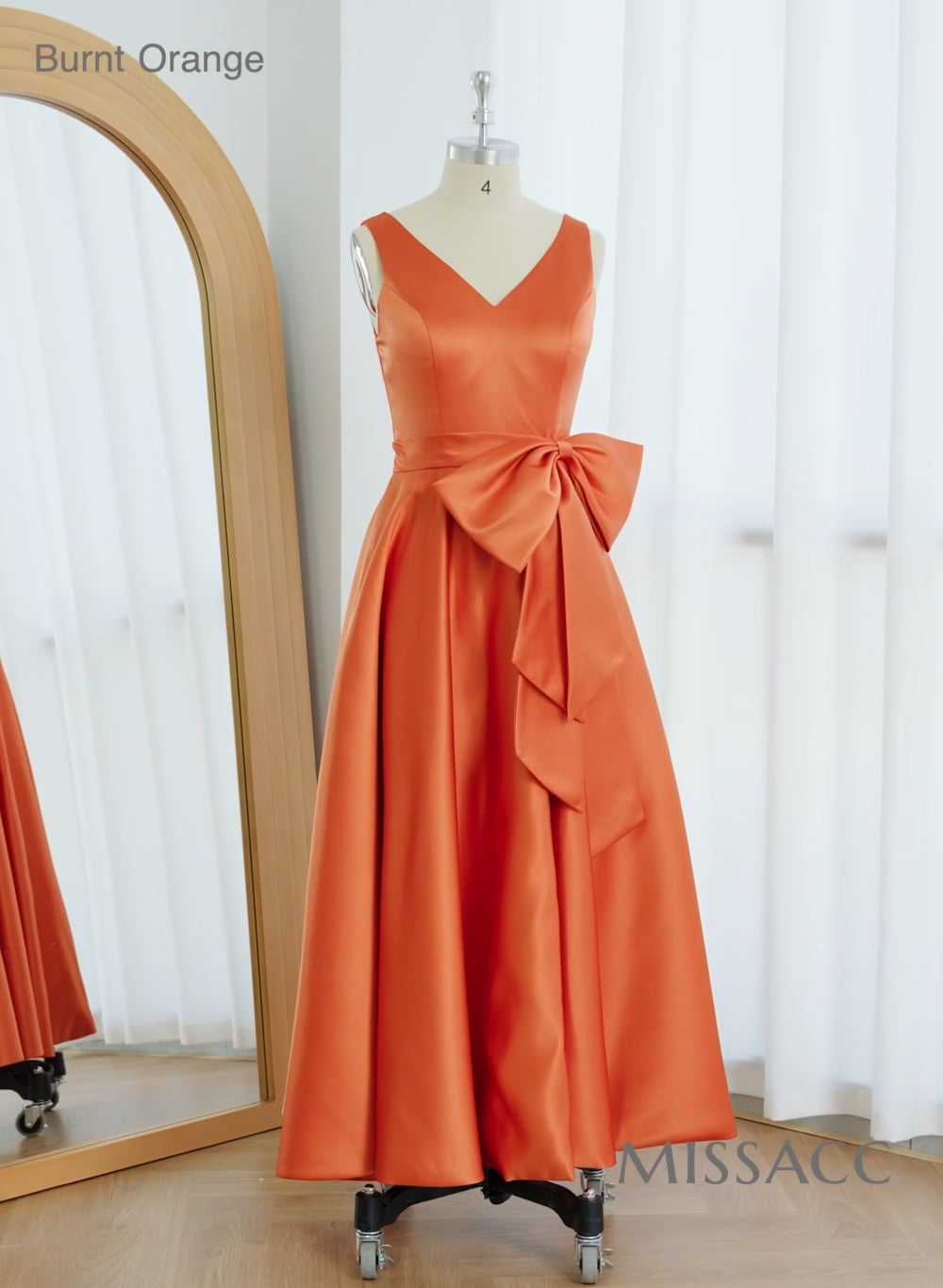 A-Line V-Neck Sleeveless Ankle-Length Satin Cocktail Dresses With Bow(s)/Pockets