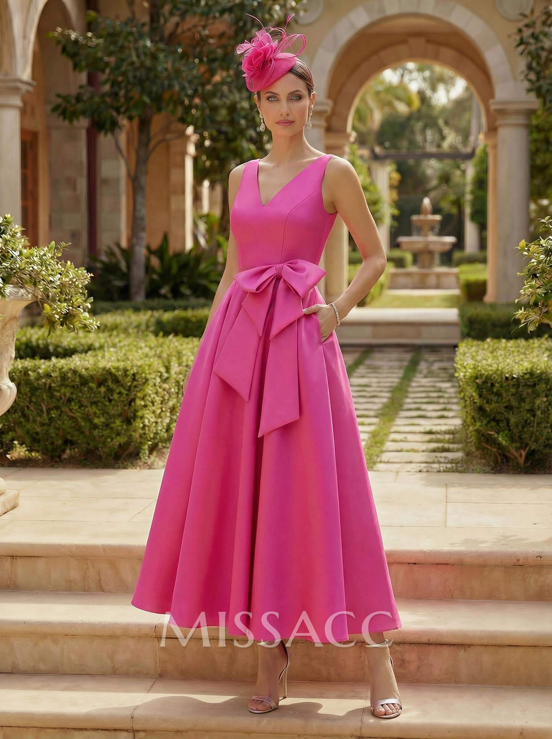 A-Line V-Neck Sleeveless Ankle-Length Satin Cocktail Dresses With Bow(s)/Pockets A-Line V-Neck Sleeveless Ankle-Length Satin Cocktail Dresses With Bow(s)/Pockets