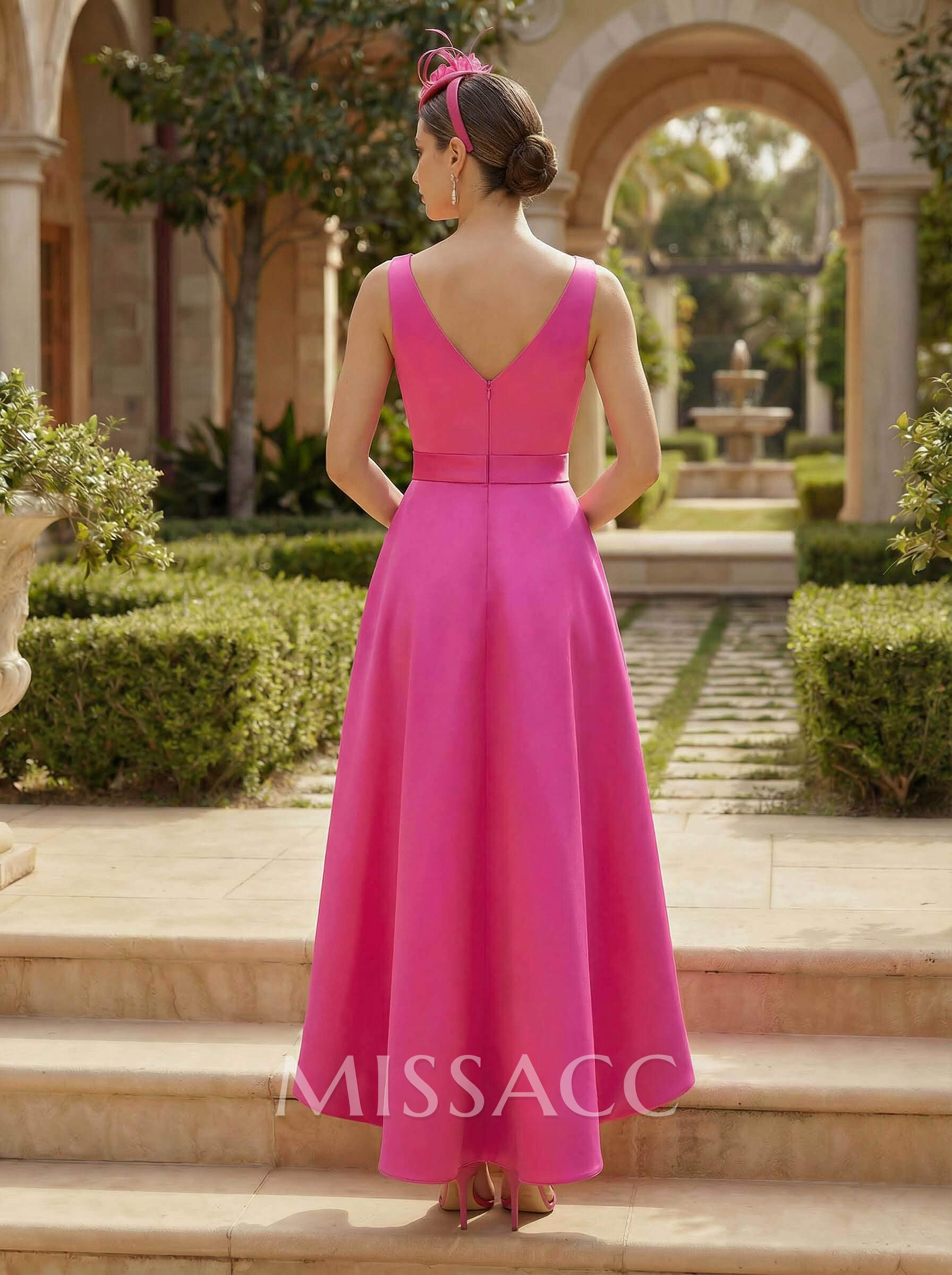 A-Line V-Neck Sleeveless Ankle-Length Satin Cocktail Dresses With Bow(s)/Pockets A-Line V-Neck Sleeveless Ankle-Length Satin Cocktail Dresses With Bow(s)/Pockets