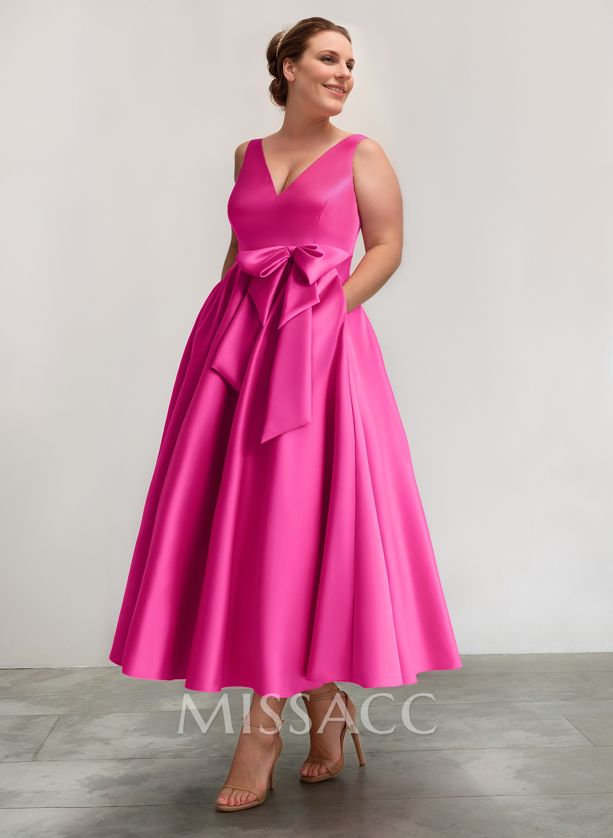 A-Line V-Neck Sleeveless Ankle-Length Satin Cocktail Dresses With Bow(s)/Pockets A-Line V-Neck Sleeveless Ankle-Length Satin Cocktail Dresses With Bow(s)/Pockets