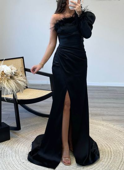 Long Sleeves One-Shoulder Feather Sheath/Column Prom Dresses