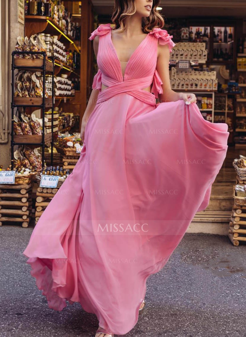 V-Neck Open Back A-Line Chiffon Evening Dresses