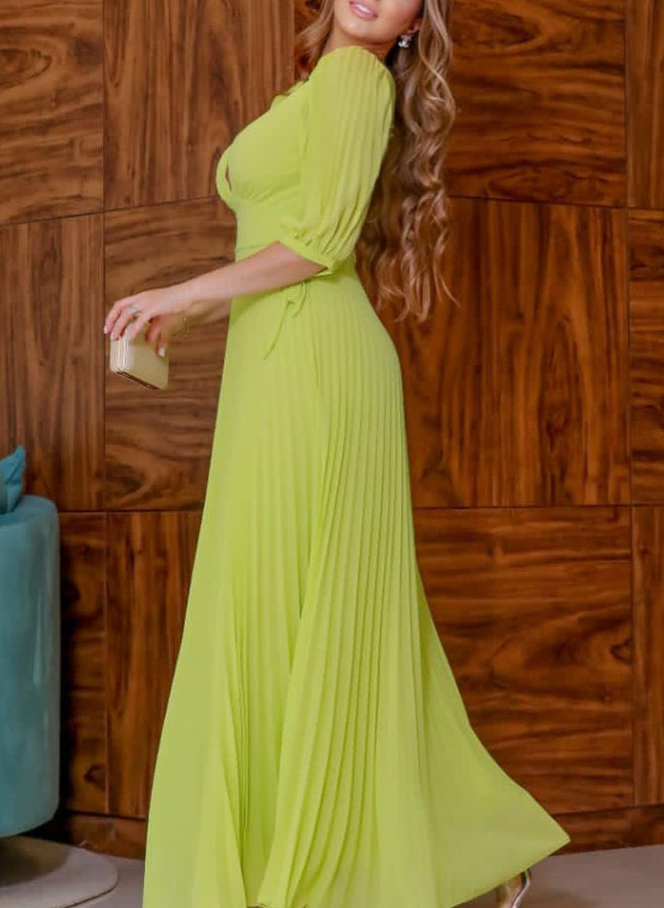 V-Neck A-Line Pleated Chiffon Evening Dresses With Sleeves