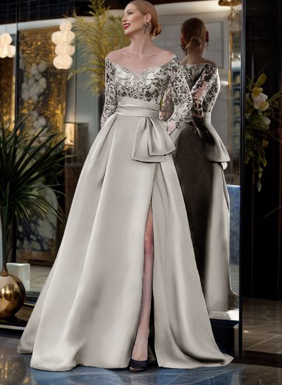 A-Line Off-The-Shoulder 3/4 Sleeves Sweep Train Lace/Satin Evening Dresses With Split Front