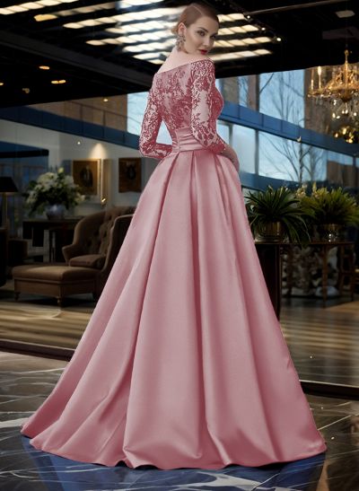 A-Line Off-The-Shoulder 3/4 Sleeves Sweep Train Lace/Satin Evening Dresses With Split Front