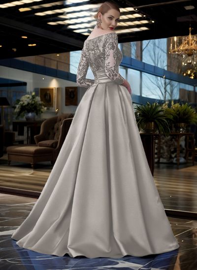 A-Line Off-The-Shoulder 3/4 Sleeves Sweep Train Lace/Satin Evening Dresses With Split Front