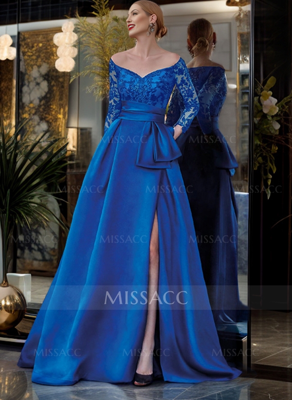 A-Line Off-The-Shoulder 3/4 Sleeves Sweep Train Lace/Satin Evening Dresses With Split Front