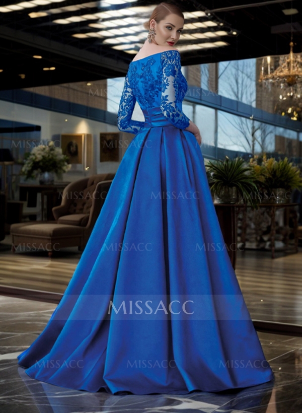 A-Line Off-The-Shoulder 3/4 Sleeves Sweep Train Lace/Satin Evening Dresses With Split Front