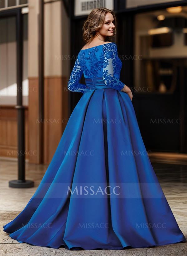 A-Line Off-The-Shoulder 3/4 Sleeves Sweep Train Lace/Satin Evening Dresses With Split Front